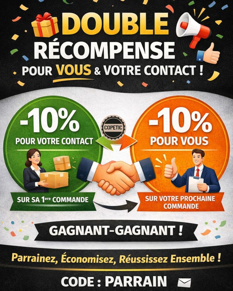 Offre de parrainage Copetic avec double remise de 10 % pour le parrain et le parrainé sur les objets et textiles publicitaires